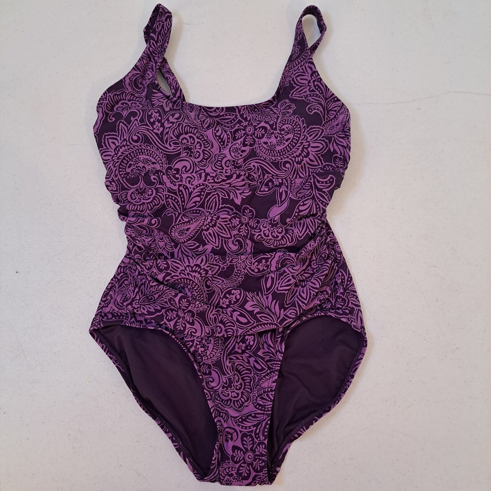 Lands End One Piece Swimsuit Womens Small Purple Paisley Ruched Sides 1516-266